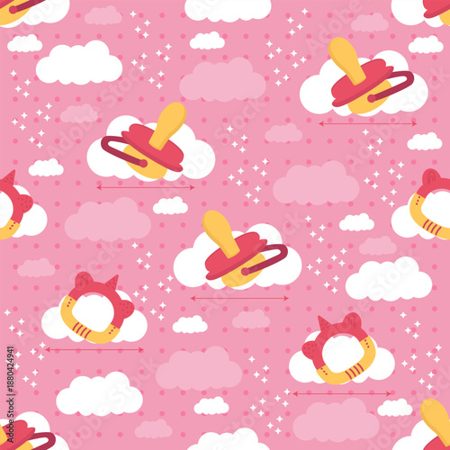 Seamless baby pattern with clouds and a pacifier on a pink background.Elements for printing, wallpaper, packaging, and backgrounds.Vector illustration