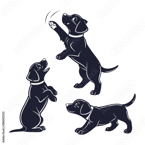 Playful black puppy silhouettes set in various poses, cute dog character jumping and sitting vector illustration icons for pet branding.