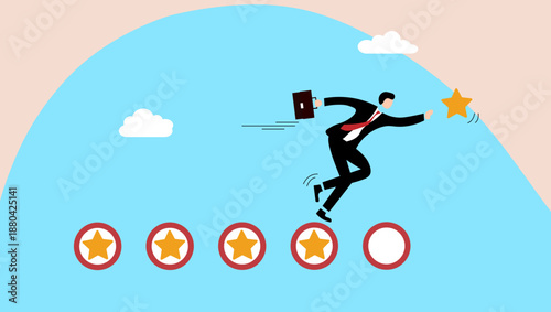 Flat vector illustration of a businessman jumping to reach a star above progress levels, symbolizing success, achievement, motivation, and gamification in business and career growth.