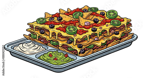 Delicious nachos topped with cheese, salsa, jalapeños, and guacamole  