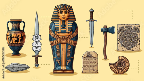 A vibrant illustration showcasing a diverse collection of ancient historical artifacts, including an Egyptian sarcophagus, Greek amphora, various weapons, a stone tablet, and a fossil.