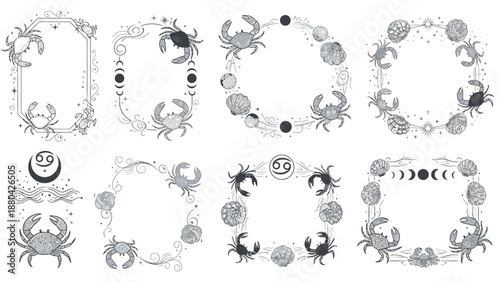 Set of eight detailed black and white illustrations featuring Cancer zodiac crabs, moon phases, and celestial decorative frames and wreaths, perfect for mystical graphic design.