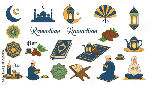 A comprehensive collection of Ramadan and Islamic themed icons and illustrations, featuring mosques, lanterns, dates, and praying figures.