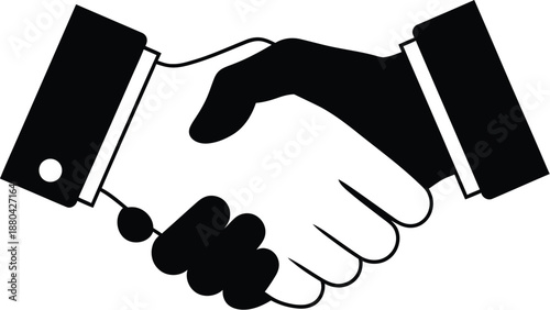 Black and white graphic icon depicting a firm handshake between two individuals symbolizing agreement partnership and successful business collaboration across diverse backgrounds