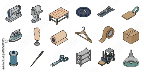 Isometric Flat Garment Manufacturing and Textile Factory Industry Equipment Vector Icon Set