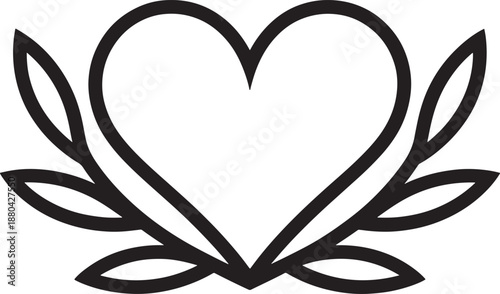 Heart with leaves symbol black white background