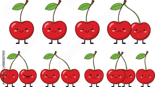 Cute cartoon cherry fruit characters vector set with funny facial expressions and playful poses for kids designs