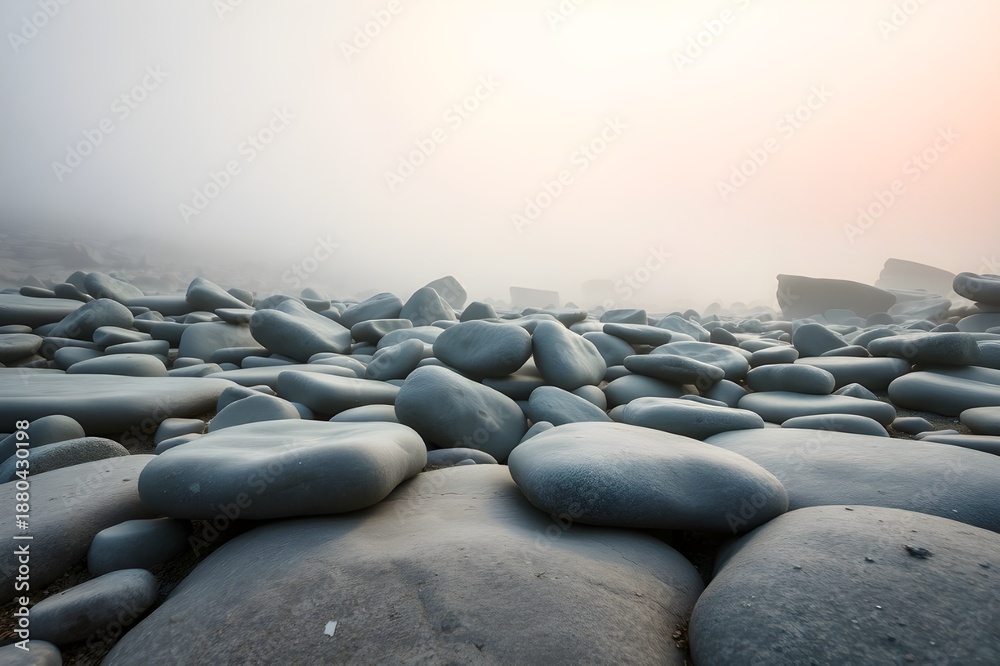 Obraz premium Calm zen landscape with smooth rounded stones, misty morning fog, peaceful gray pebble beach, and ethereal atmospheric nature for tranquil spiritual wellness background.