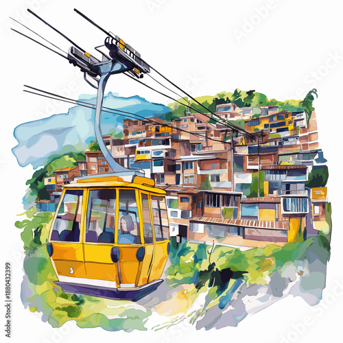 Medellin ? Comuna 13 and Cable Cars. Medellin ? Comuna 13 and Cable Cars hand drawn watercolor illustration