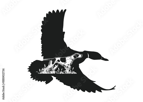 flying duck silhouette with pointer dog vector art