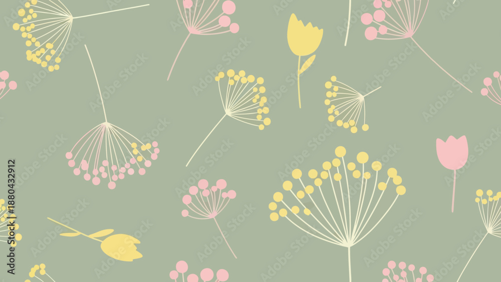Obraz premium Elegant floral pattern with dandelions and tulips on soft green