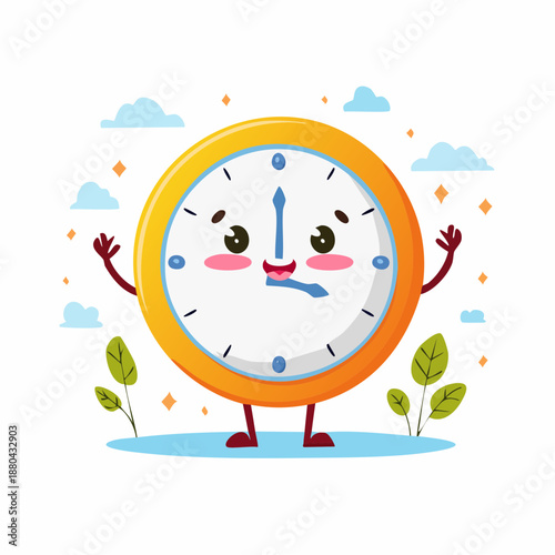 Cartoon clock character with smiling face and outstretched arms.