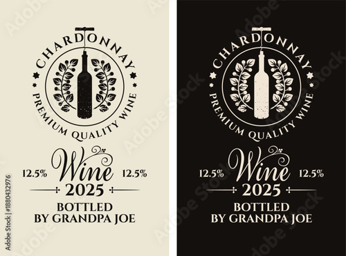 Vector set of custom name labels a4 with a brunch of hop, a bottle of wine, a corkscrew and calligraphic inscriptions on a background in vintage style. Anniversary or birthday. No ai