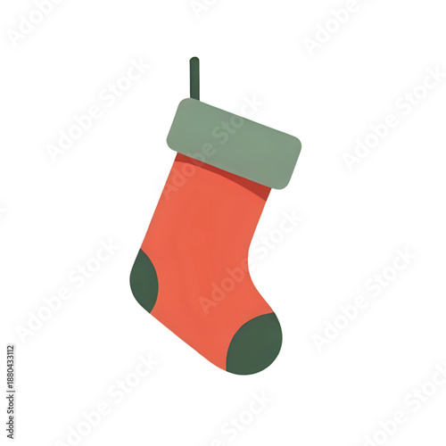 A vibrant red Christmas stocking with green cuff and toe, hung by a loop, depicted in a simple illustration style.