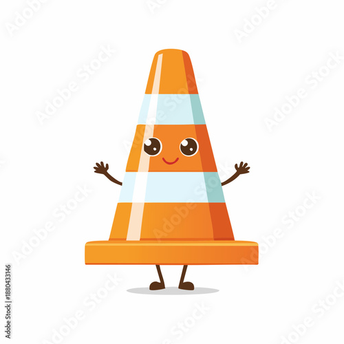 A cartoon traffic cone character with a smiling face and outstretched arms.