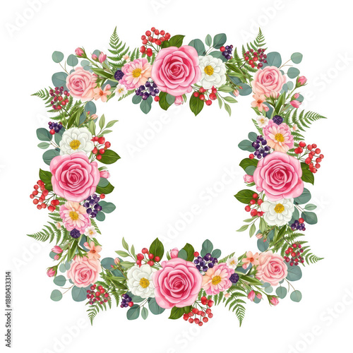 Square Floral Frame Wreath with Pink Roses White Flowers and Green Leaves for Wedding and Romantic Design
