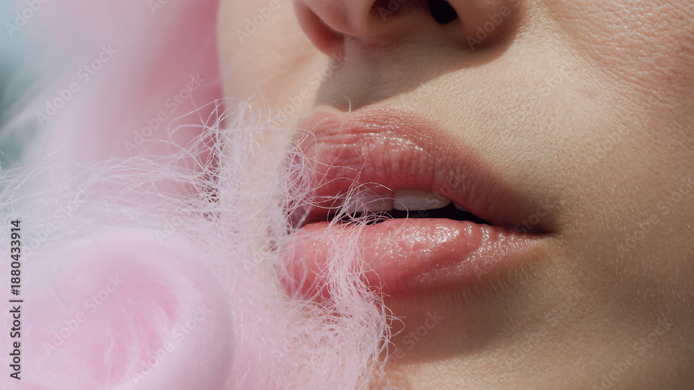 Fototapeta premium Woman's lips with pink cotton candy, sweet and tempting closeup