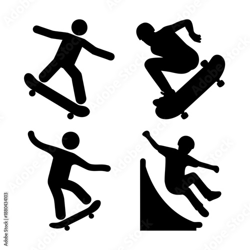 Skateboarder silhouettes showcasing various actions and tricks on a board and ramp