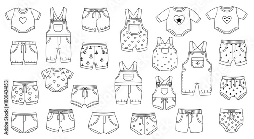 Large collection of baby clothing patterns including shirts and shorts with hearts and anchors shown in a clean line art style.