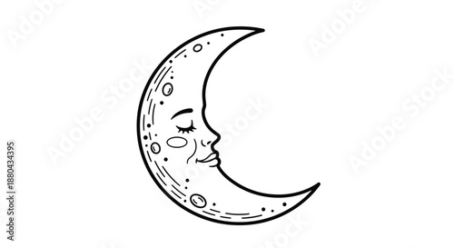 Whimsical line art drawing of a crescent moon with a peaceful sleeping face and decorative craters for children book art.