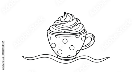 Cup of hot chocolate or coffee with a tall swirl of whipped cream sitting on a decorative wavy line simple line art drawing.