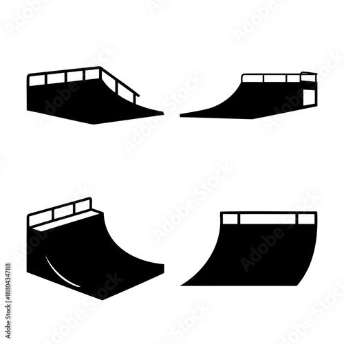 Diverse skateboard ramps and quarter pipes black silhouette icon set
