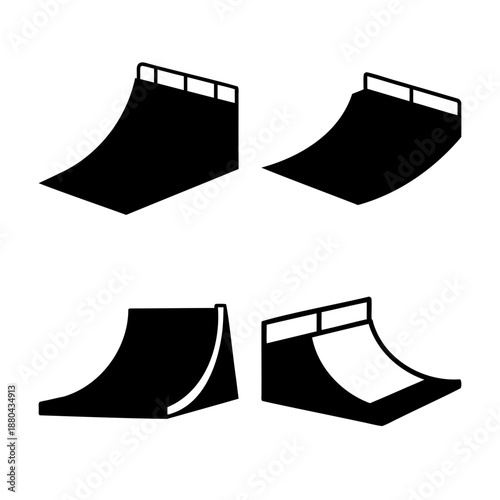 Collection of black silhouette skate ramp icons showing various designs for extreme sports