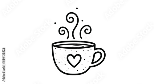 Minimalist black and white line drawing of a hot cup of coffee or tea with steam swirls and a heart icon on the side of the mug.