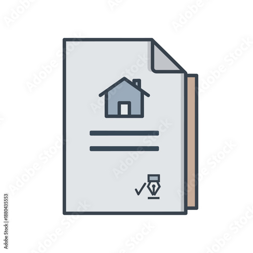 Real Estate Contract Document Icon - Property Agreement, Mortgage Papers, House Sale, and Legal Closing Symbol.
