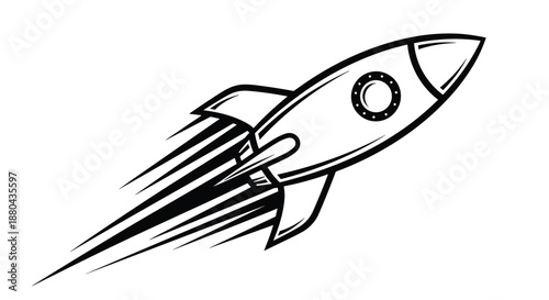 Classic retro rocket ship illustration blasting off with speed lines behind it in a simple black and white vector line art style for kids.