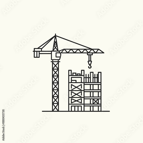 Construction Site Outline Icon: Tower Crane and Skyscraper Building Progress. Minimalist Line Art Vector Illustration for Architecture and Real Estate Development.