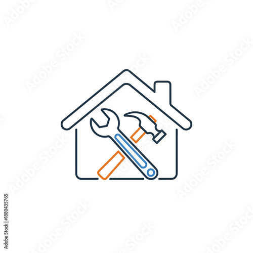 House Repair Service Vector Icon. Maintenance, Construction, or Renovation Logo with Wrench and Hammer Outline.