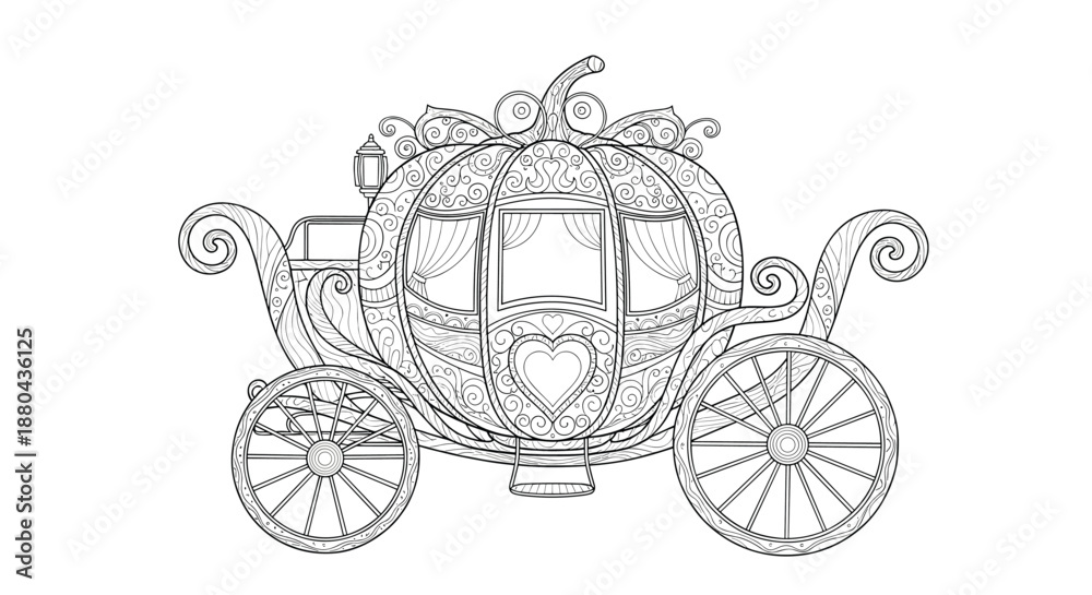 Obraz premium Enchanted pumpkin carriage with intricate swirling patterns and large wheels shown in a fairytale themed line art illustration.