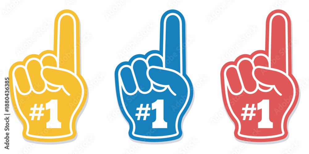 Fototapeta premium Sports fan foam finger vector illustration, foam hand number one gesture, team spirit symbol, cheering fans, sports event, stadium excitement, celebration
