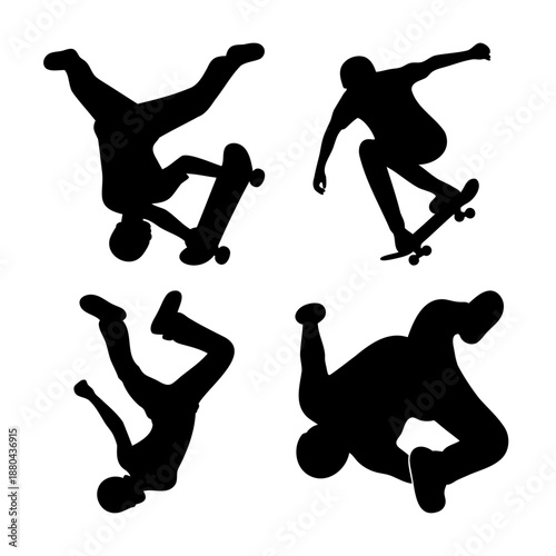 Dynamic silhouettes of skateboarders and street dancers performing impressive tricks and acrobatic moves