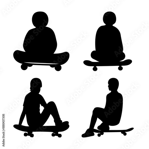 Silhouettes of people sitting on skateboards in various relaxed poses