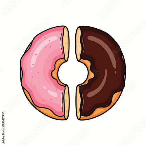 A cartoon illustration of a pink and chocolate frosted donut split in half