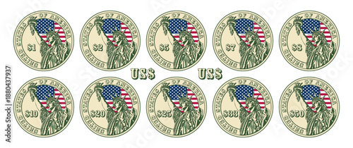 Vector set of coins. Denominations: 1, 2, 5, 7, 8, 10, 20, 25, 33 and 55 US dollars. Engraved statue. National stars and stripes flag. Liberty. Collection of gaming chips. American money