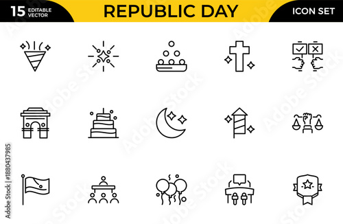 Republic and election icon set designed for web and mobile applications. Includes voting, polling station, ballot box, government, political symbols, democracy, and election process icons.