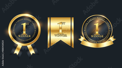Set of three different golden first place winner badges with ribbons