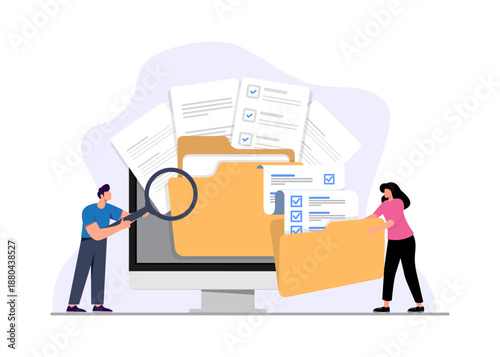 Office workers organizing data storage and data audit stock illustration.