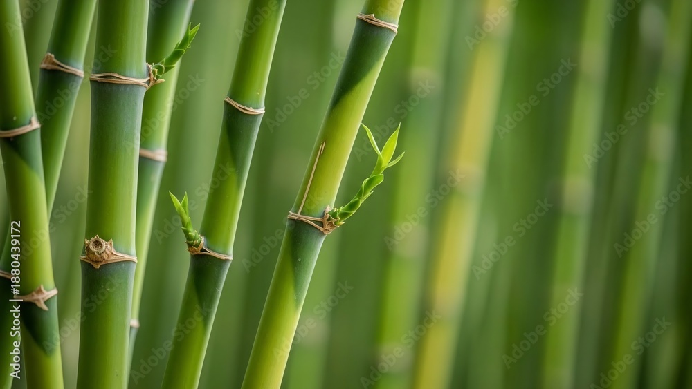 Fototapeta premium Bamboo stems on blurred green background, closeup