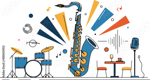 Flat vector illustration of a dynamic jazz music scene featuring saxophone, drums, and microphone with abstract musical notes and sound waves