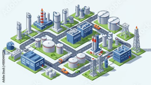 Industrial factory complex with tanks and pipes.