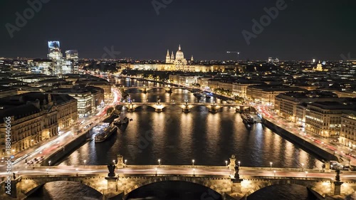 Aerial Night View of Parisian Bridges Over the Seine River with Cityscape and Lights