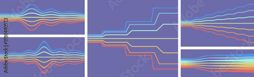 A sound wave or audio signal. An equalizer scale for recording or playback. A multitude of rays of the rainbow spectrum. Threads or fibers. Vector for brochure, banner, cover, flyer or presentation.