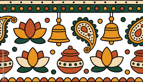 Vibrant Indian-inspired pattern with lotus flowers and bells