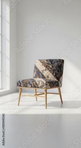 Single accent chair upholstered with patterned fabric sits in a minimalist sunlit room