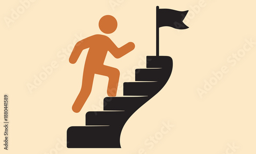 Person climbing stairs towards a flag representing success