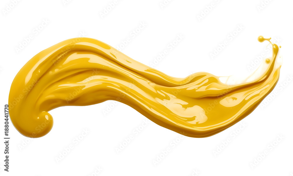Fototapeta premium Yellow paint splash wave abstract liquid motion with droplets isolated on white background for creative design